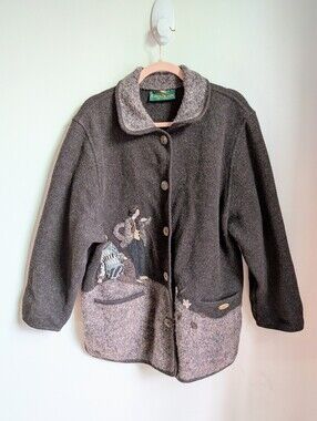 VINTAGE Dark Brown Boiled Wool Novelty Alpine Design Cardigan Jacket Size Large